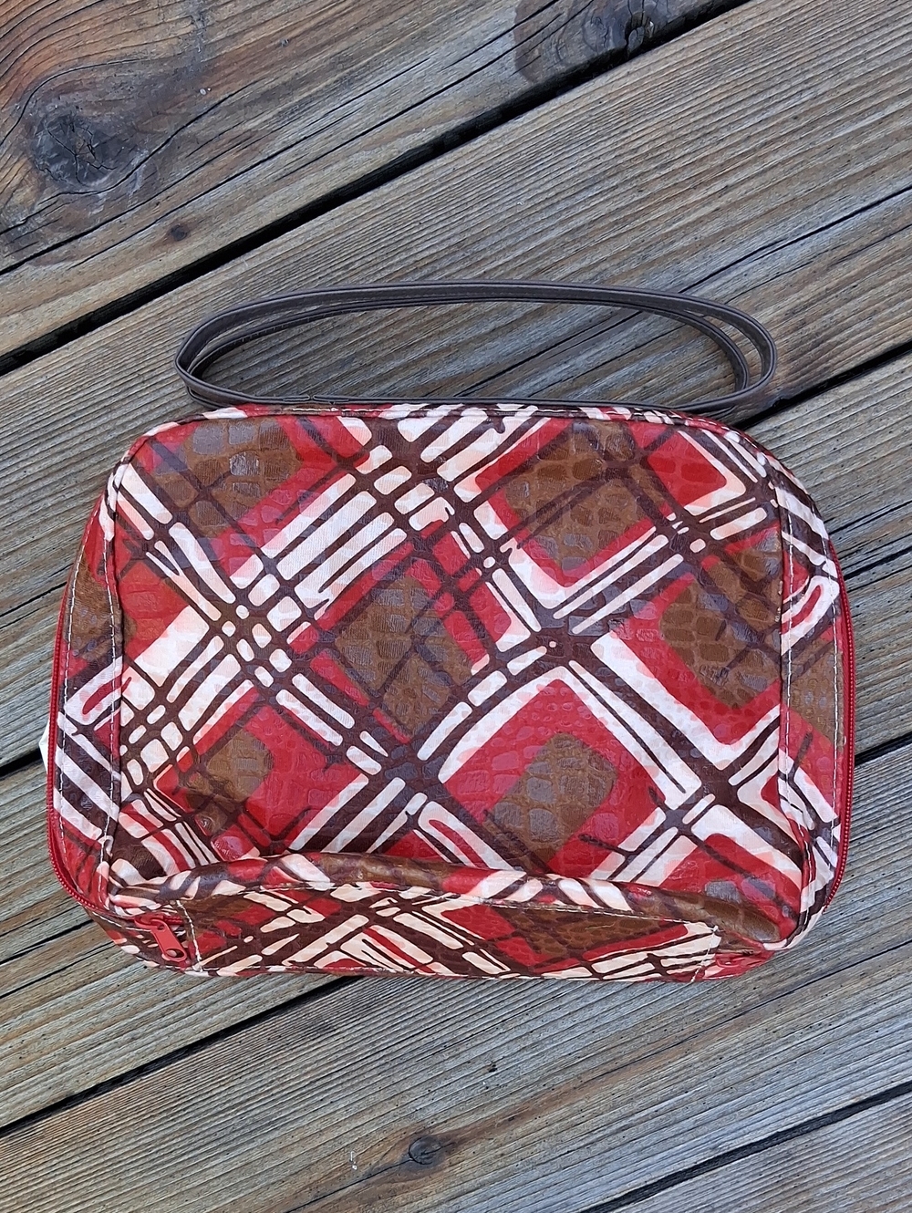 Lancome Red, Brown & White Plaid Cosmetics Bag